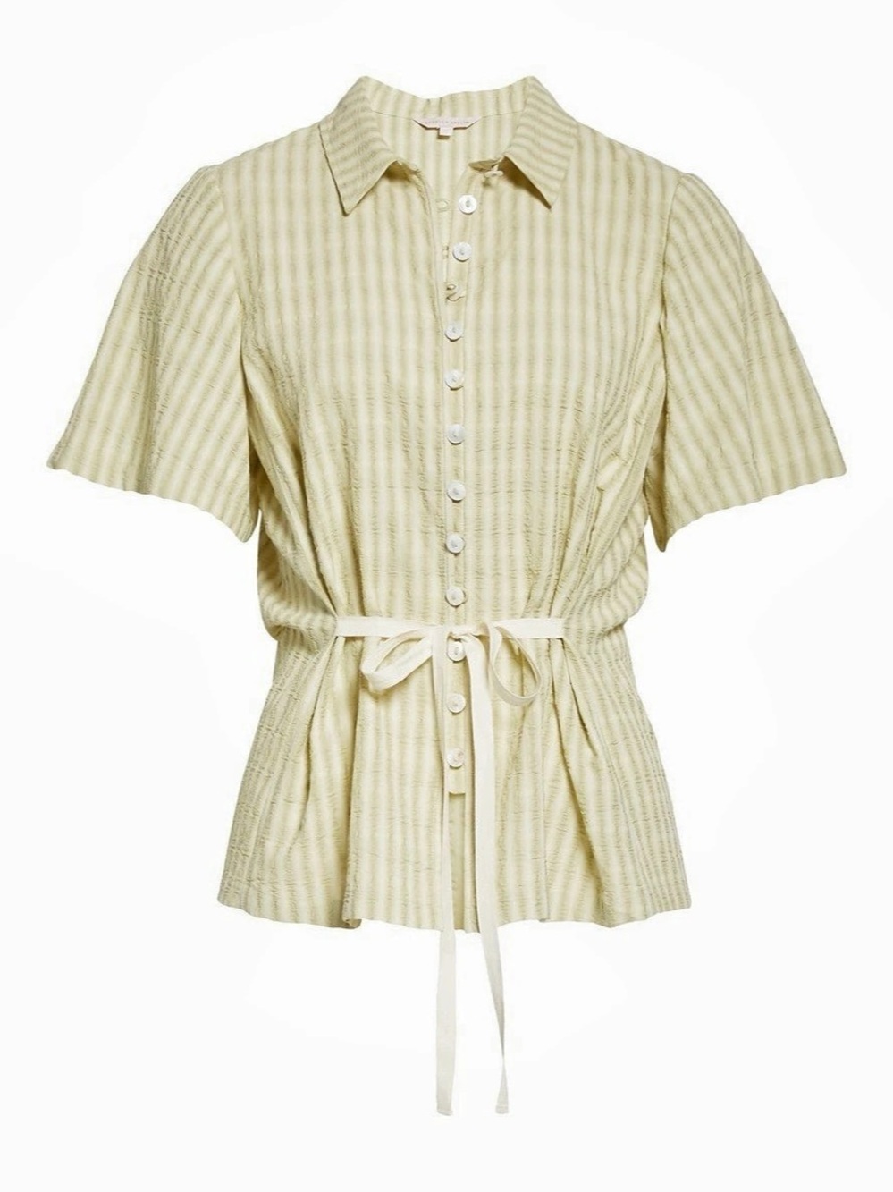 Rebecca Taylor Stripe Tie Front Cotton Blend Shirt Lime XS